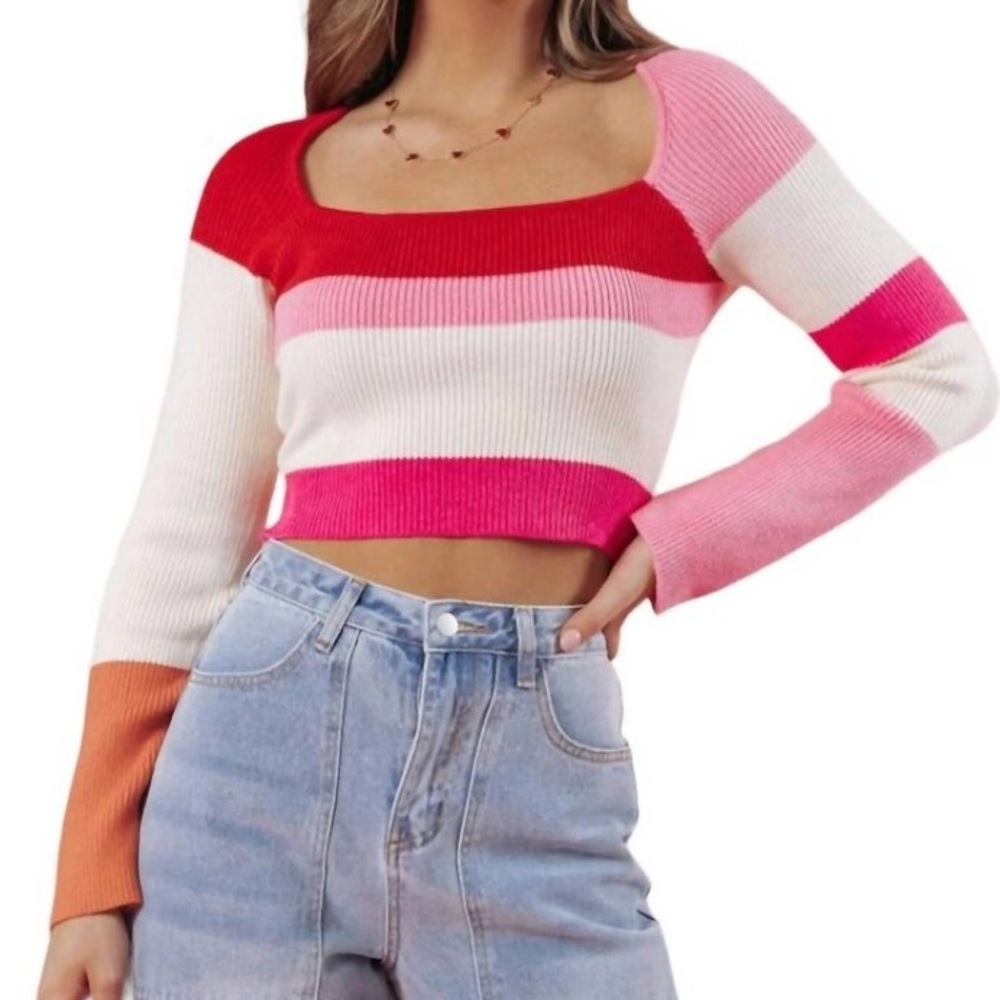 COPY - LE LIS NWT Knit Long Sleeve Color Block Stripe Crop Sweater Top